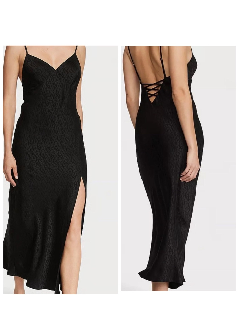 Victoria's Secret Black Lace-Back Slip Midi Dress with Side Slit